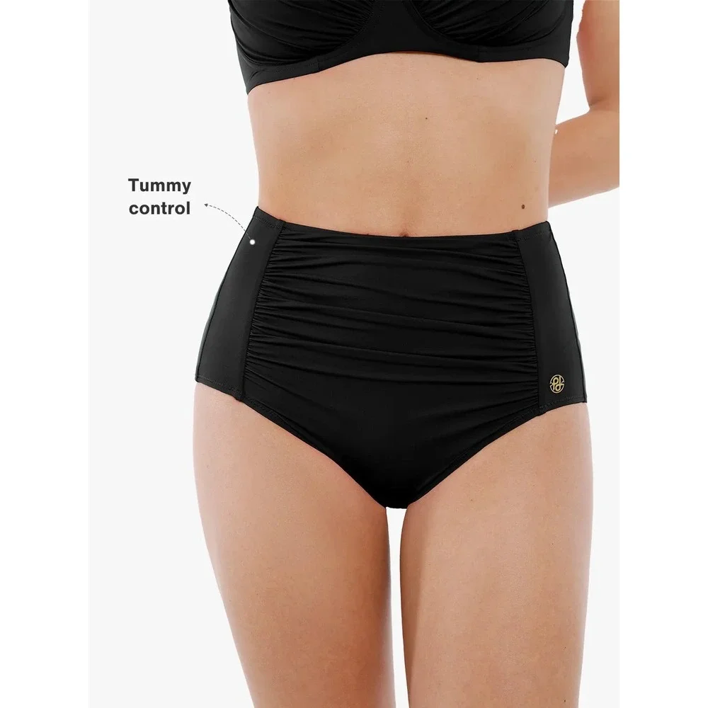 NEW Popilush Womens High Waisted Tummy Control Ruched Bikini Bottoms Black XL